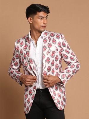 VASTRAMAY Printed Single Breasted Festive Men Blazer(White)