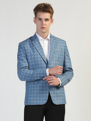 TAHVO Checkered Single Breasted Formal Men Blazer(Blue)