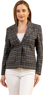 TWENTY ME Checkered Single Breasted Casual Women Blazer(Dark Blue)
