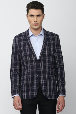 VAN HEUSEN Checkered Single Breasted Formal Men Blazer(Dark Blue)