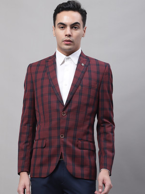 CANTABIL Checkered Single Breasted Formal Men Blazer(Maroon)