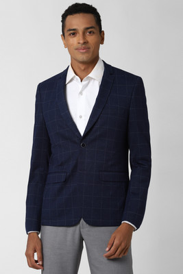 PETER ENGLAND Checkered Single Breasted Formal Men Blazer(Dark Blue)