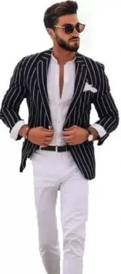 Darbar In Striped Single Breasted Casual, Formal, Festive & Wedding Men Blazer(Black)
