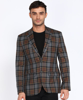 PARK AVENUE Checkered Single Breasted Formal Men Blazer(Grey)