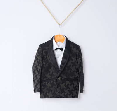 funny bones Printed Tuxedo Style Casual Boys Blazer(Black)