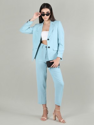 CHKOKKO Solid Single Breasted Casual Women Blazer(Blue)