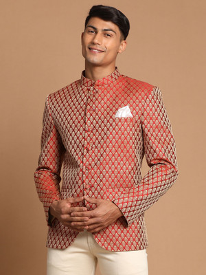 VASTRAMAY Self Design Single Breasted Festive Men Blazer(Maroon)