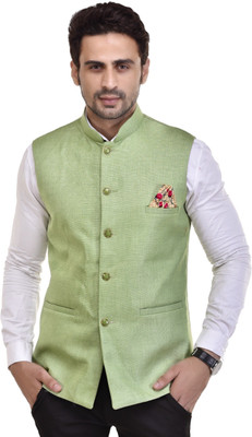 Eliq Solid Mandarin Festive & Wedding Men Blazer(Green)