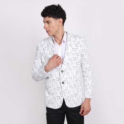 Pecific Designer Printed Single Breasted Party Men Blazer(White, Blue)