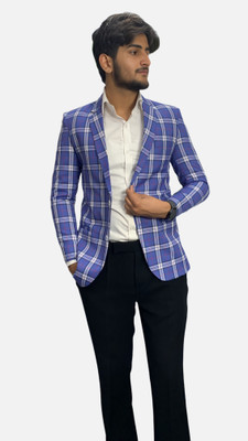 gargian master cut Checkered Single Breasted Formal, Party Men Blazer(Blue)