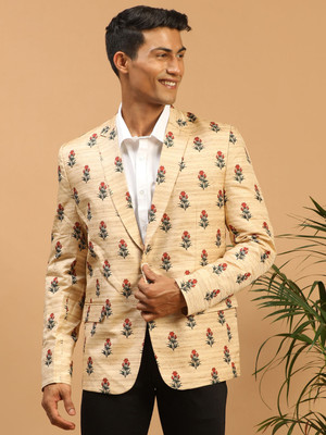 VASTRAMAY Floral Print Single Breasted Festive Men Blazer(Brown)