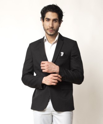 mbo Solid Single Breasted Festive & Wedding Men Blazer(Black)