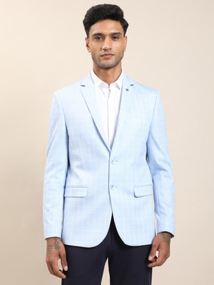 TURTLE Checkered Single Breasted Casual Men Blazer(Light Blue)