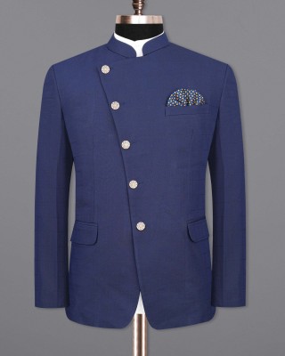 french crown Solid Bandhgala Festive & Wedding, Party Men Blazer(Blue)