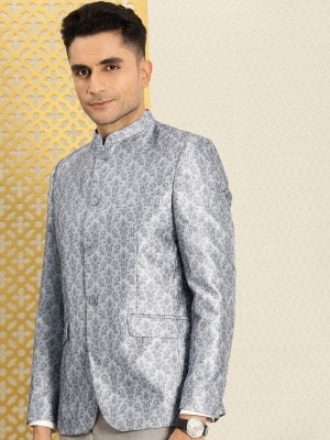 House of Pataudi Self Design Bandhgala Festive Men Blazer(Grey)