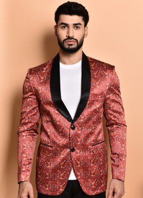 PRINT CULTR Printed Single Breasted Casual Men Blazer(Maroon)