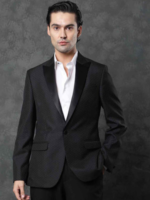Rare Rabbit Solid Single Breasted Casual Men Blazer(Black)