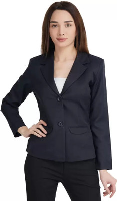 Flickz Solid Single Breasted Formal Women Blazer(Dark Blue)