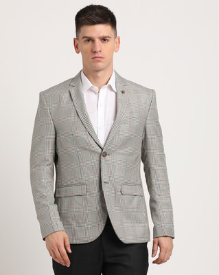 TURTLE Checkered Single Breasted Casual Men Blazer(Grey)