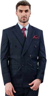 french crown Checkered Single Breasted Formal Men Blazer(Blue)