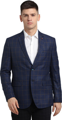 TURTLE Checkered Single Breasted Casual Men Blazer(Dark Blue)