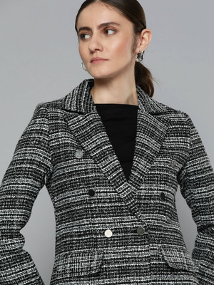 CHEMISTRY-Self-Design-Double-Breasted-Casual-Women-Blazer-Black