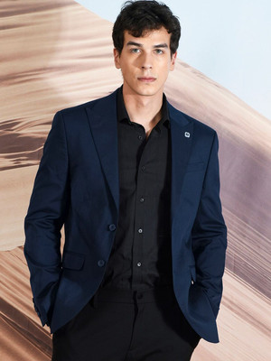 Rare Rabbit Solid Single Breasted Casual Men Blazer(Dark Blue)