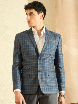DENNISON Checkered Single Breasted Casual Men Blazer(Blue)