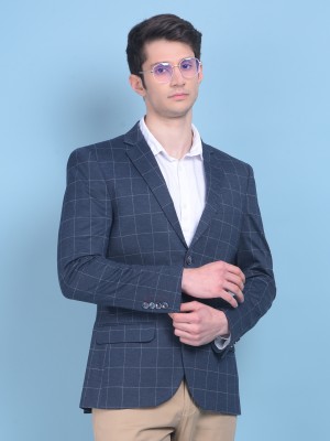 CRIMSOUNE CLUB Checkered Single Breasted Formal Men Blazer(Dark Blue)