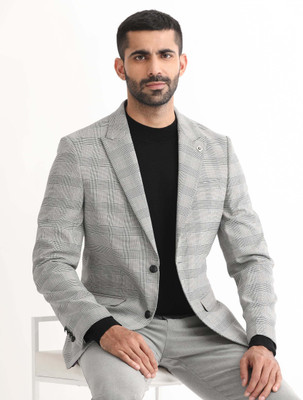 Rare Rabbit Checkered Single Breasted Party Men Blazer(Grey)