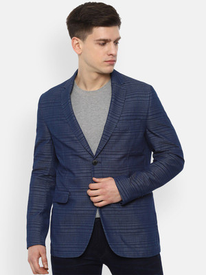 VAN HEUSEN Striped Single Breasted Casual Men Blazer(Dark Blue)