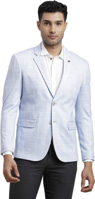 TURTLE Checkered Single Breasted Casual Men Blazer(Light Blue)