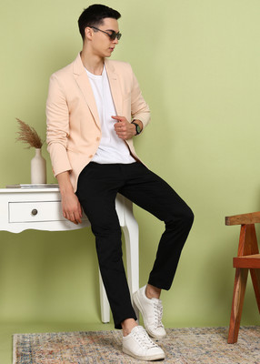 FUBAR Solid Single Breasted Formal Men Blazer(Beige)