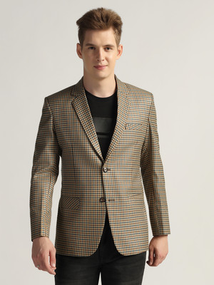 TAHVO Checkered Single Breasted Formal Men Blazer(Brown)