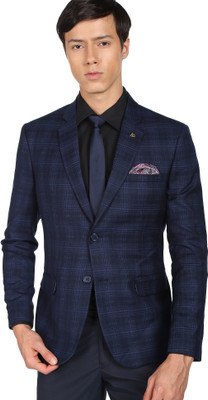 AD by Arvind Checkered Single Breasted Formal Men Blazer(Dark Blue)