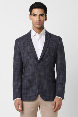 VAN HEUSEN Checkered Single Breasted Formal Men Blazer(Dark Blue)