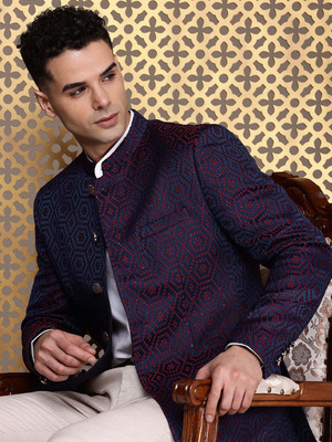 House of Pataudi Self Design Single Breasted Festive & Wedding Men Blazer(Blue)