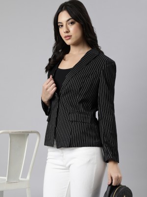 Showoff Striped Single Breasted Casual Women Blazer(Black)