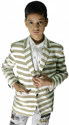 TTRFashion Striped Single Breasted Festive & Wedding Boys Blazer(Brown)