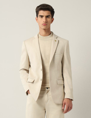 AD by Arvind Solid Single Breasted Formal Men Blazer(Beige)