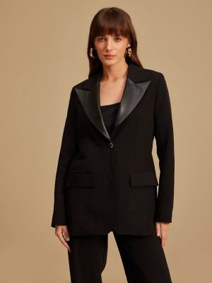 KAZO Solid Single Breasted Party Women Blazer(Black)