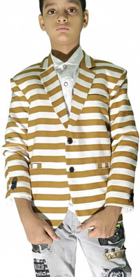 TTRFashion Striped Single Breasted Festive & Wedding Boys Blazer(Beige)