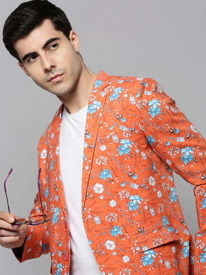 SHOWOFFFF Printed Single Breasted Casual Men Blazer(Orange)