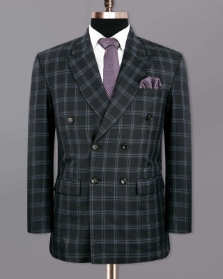 french crown Checkered Double Breasted Formal Men Blazer(Grey, Black)