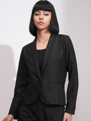 Tokyo Talkies Solid Single Breasted Party Women Blazer(Black)