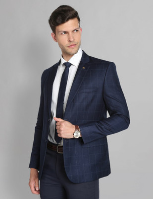 AD by Arvind Checkered Single Breasted Formal Men Blazer(Blue)