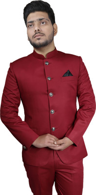 ALJAAMI Solid Bandhgala Wedding Men Blazer(Red)