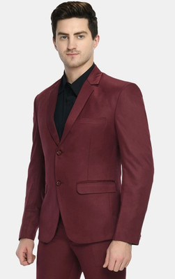 FIVEFEB Solid Single Breasted Formal Men Blazer(Maroon)