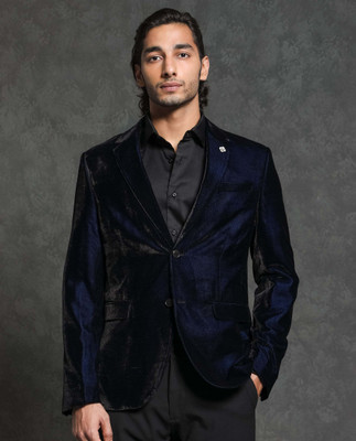 Rare Rabbit Solid Single Breasted Party Men Blazer(Blue)