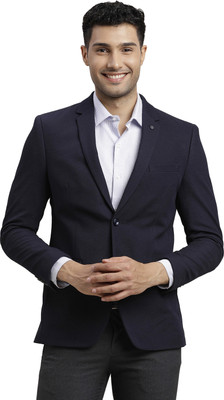 TURTLE Solid Single Breasted Formal Men Blazer(Dark Blue)